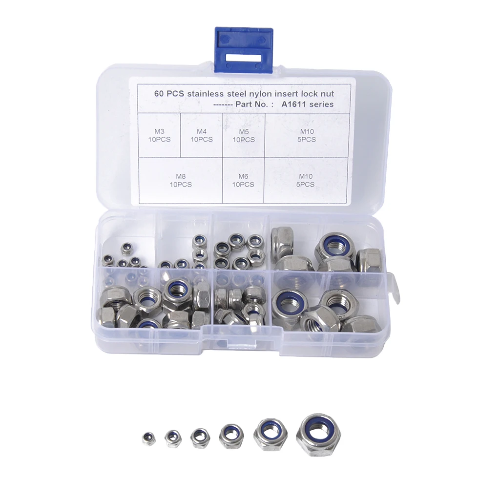 Nylon Insert Hex Lock Nuts, 304 Stainless Steel Lock Nut Assortment Kit for Hardware Accessories Finish Hex 60PCS