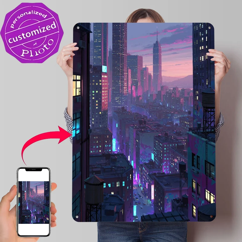 Cyberpunk-Stadtlandschaft bei Dämmerung, bedrucktes Poster, individuelle Wandkunst, Retro-Vintage-Metallblechschilder für Garagendekoration, Zimmer, Männerhöhle