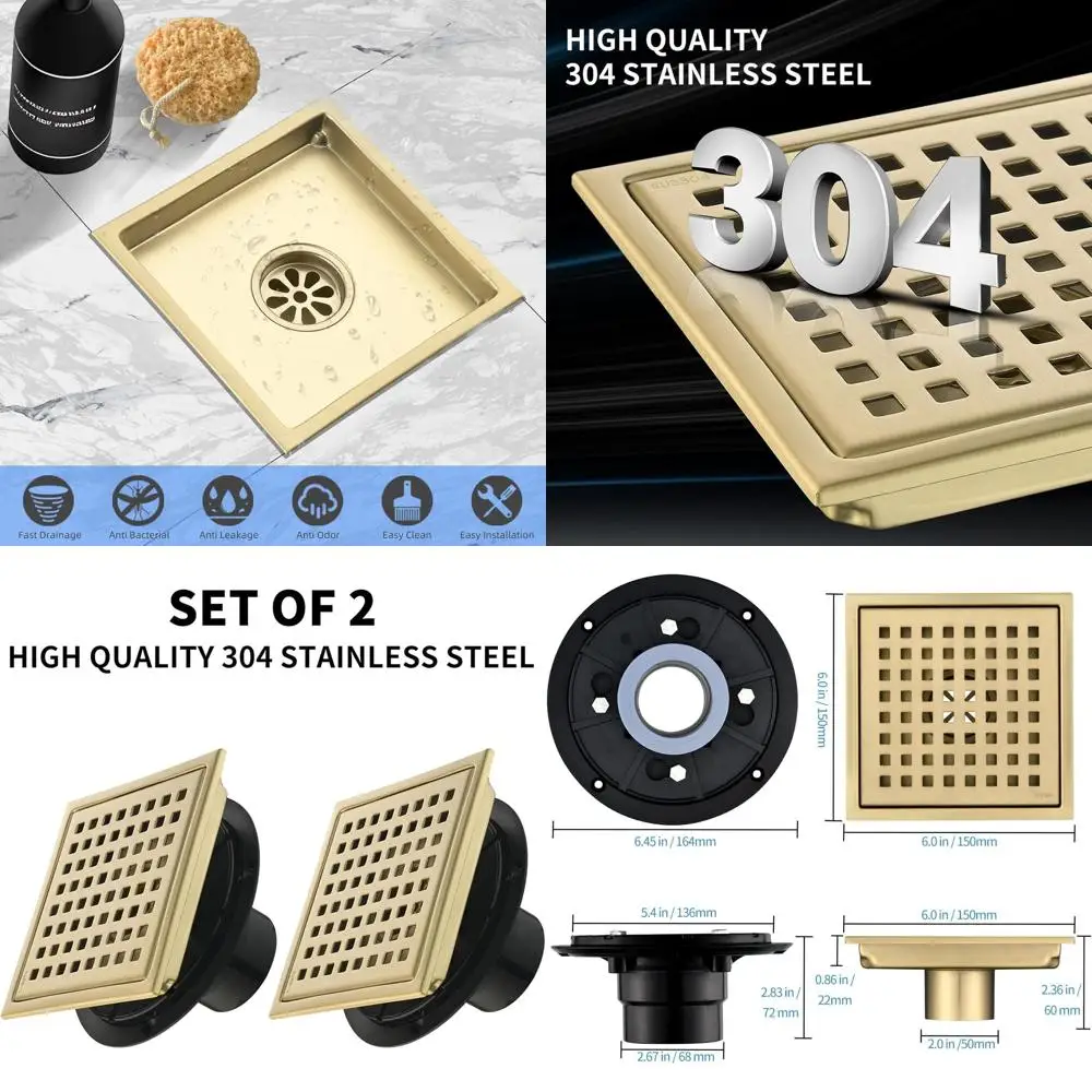 

Pair of 6 Brushed Gold 304 Stainless Steel Shower Drains with Flange and Removable Hair Filter for Bathroom, Kitchen, Balcony