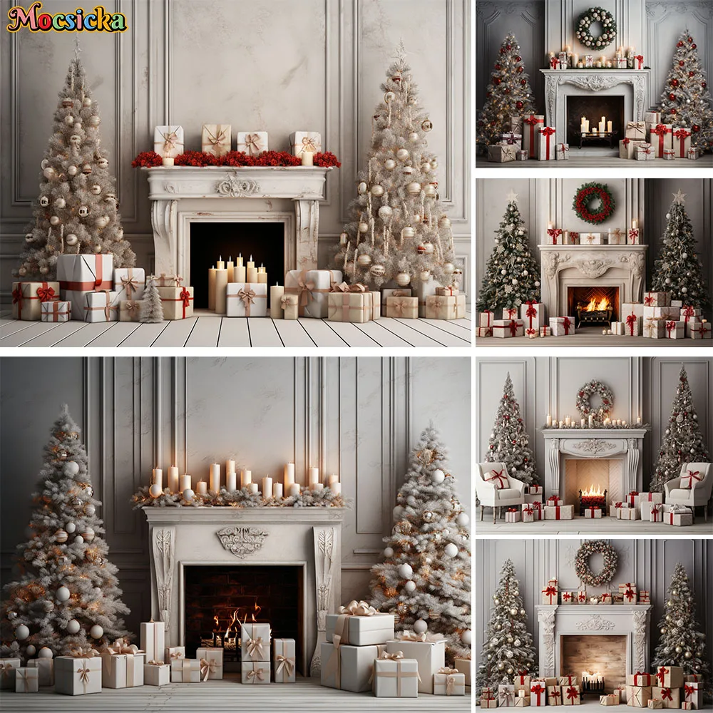 

White Retro Fireplace Decor Christmas New Year Background Xmas Tree Gift Booth Backdrop Photography Family Portrait Studio Photo