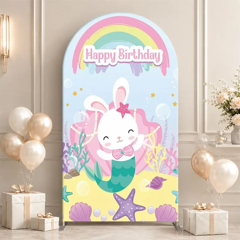 Single Side Arch Backdrop Cover Whimsical Mermaid Bunny Birthday Backdrop with Rainbow Arch and Starfish Coral Design Perfect