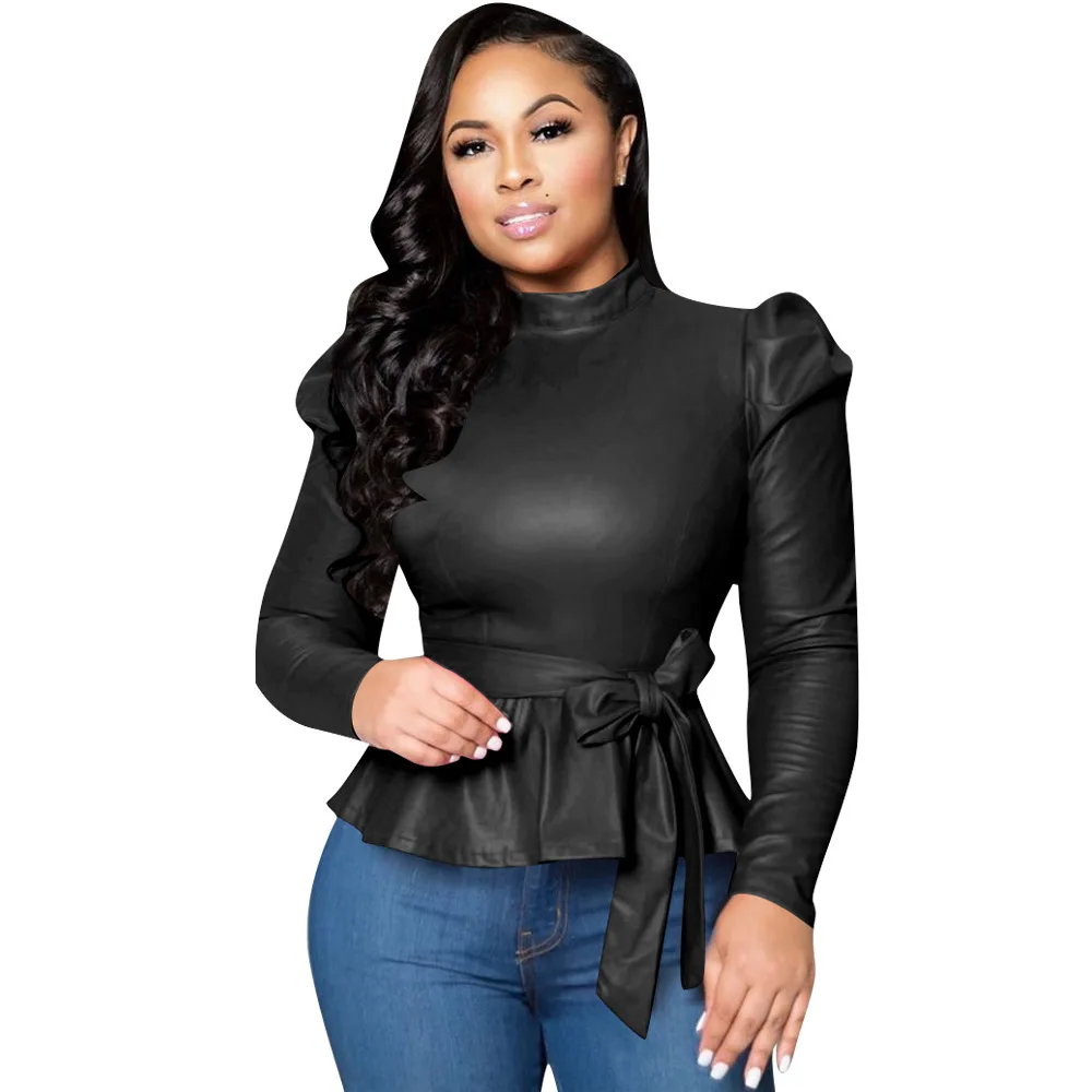 

Women's Flocked Leather Top New Half-high Collar Long Sleeve Belt Puff Sleeve Leather Jacket Women
