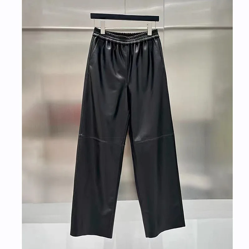 

2023 Women New Genuine Leather Pants Elastic Waist Loose Lambskin Wide Leg Pants E73