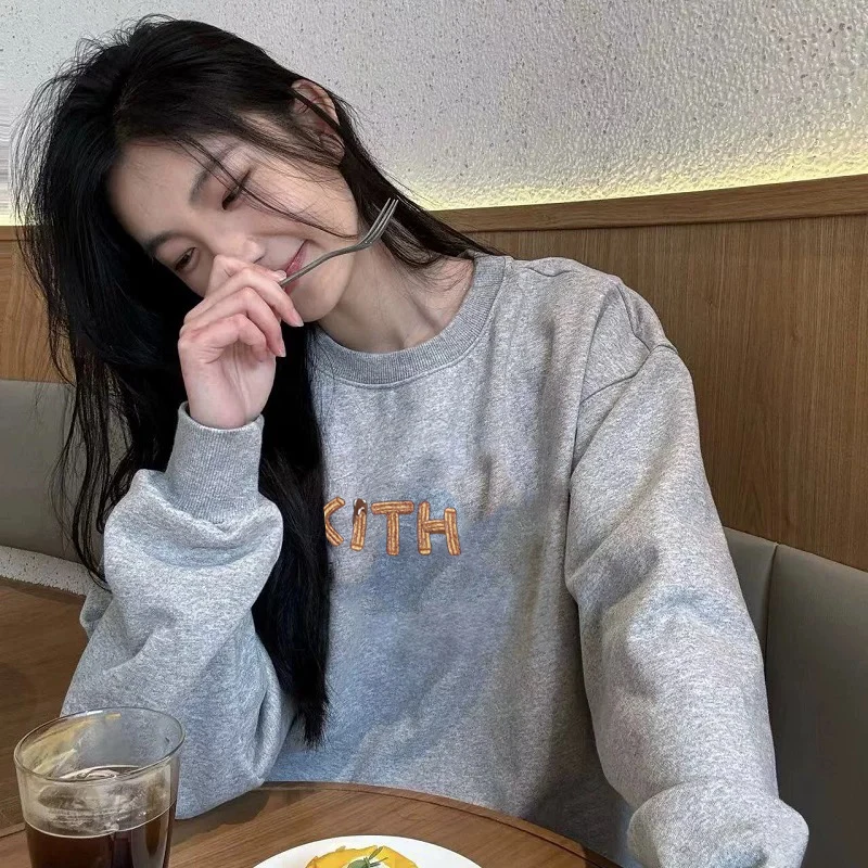 Kith round Neck Hoodie Men's Letter French Fries Biscuits Print Men's and Women's Casual Couple Long sleeve Top Casual Pullover