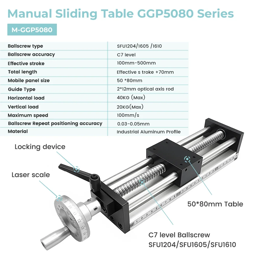 CNC Linear GuideStage Manual Sliding Table 50~400MM Stroke C7 Ballscrew SFU1204/1605/1610 With Handwheel Workbench 40KG Max Load