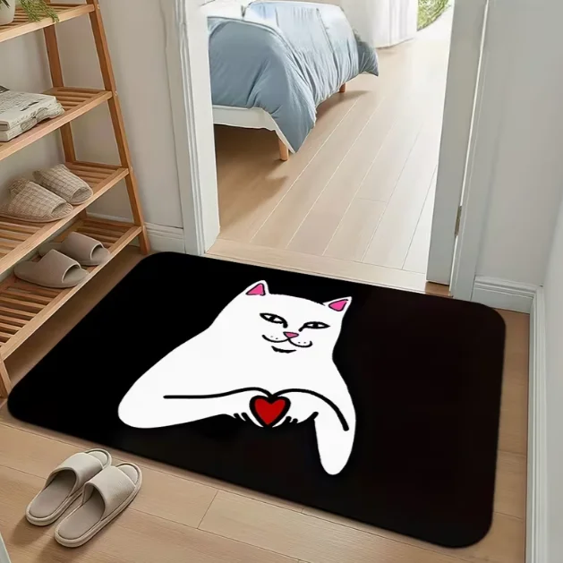 2D Graphic Design Cartoon White Cat Floor Mat Front Door Protective Mat Entrance Foot Mat Welcome Mat Room Decoration Mat