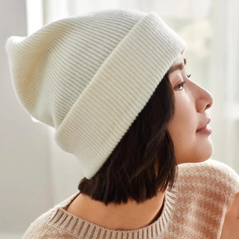 Damen-Mütze aus 100 % Wolle, gestrickt, umgedreht, einfarbig, für den Winter, warm, lässig, für den täglichen Gebrauch, weich, modisch, lässig, Ohrenschutz, Mützen