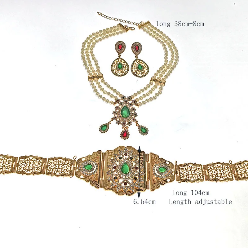 Ensemble de bijoux de mariage arabe, pendentif en cristal vert, ceinture en métal marocaine, Imitation de perle, boucles d'oreilles, collier pour femmes,