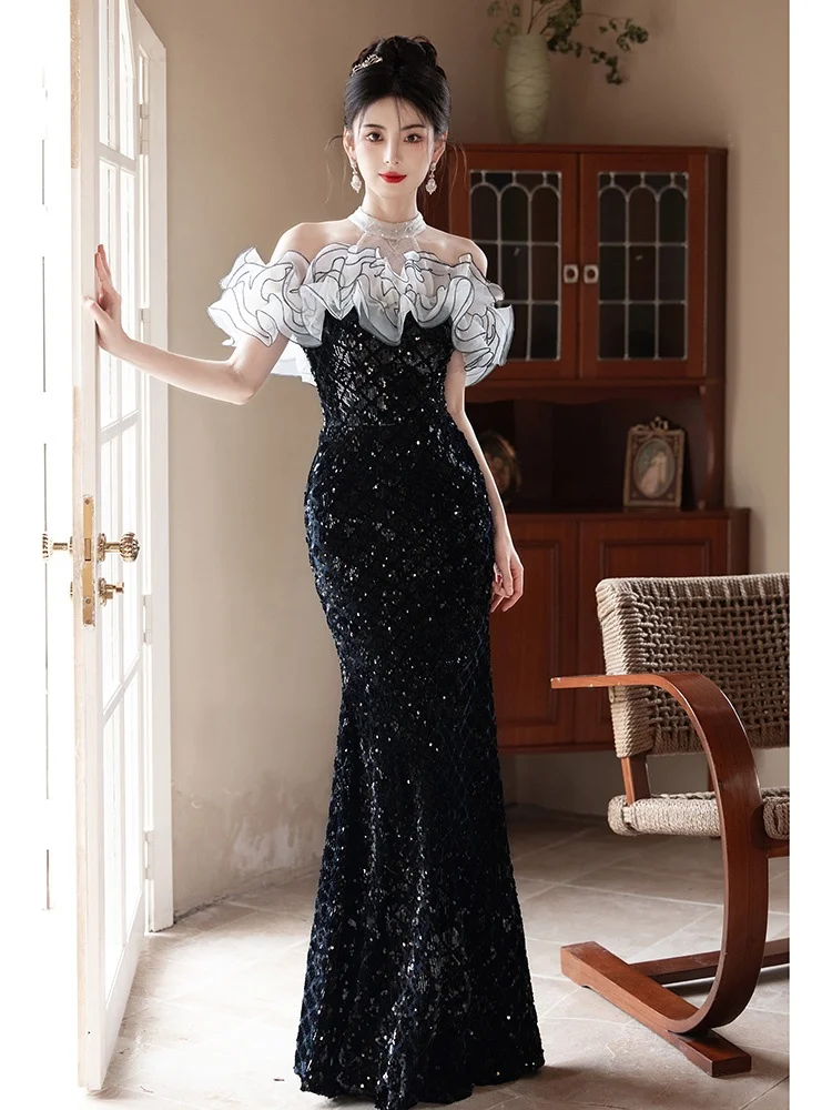 

Ele Bla Evening Gown Sexy One oulder Ne Hanging Heavy Work Fi Tail Long Dr for Wedding Par Performance Sexy ...