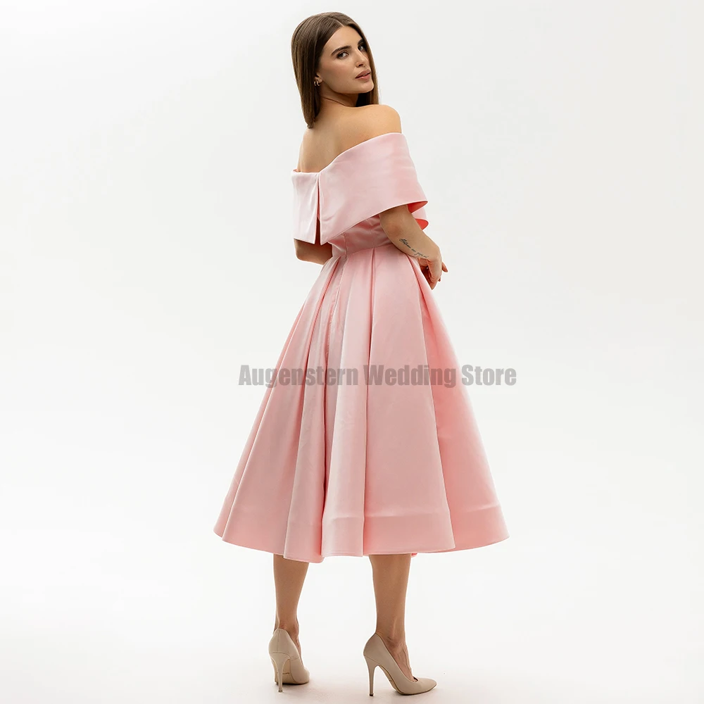 Customized Women's Formal Party Dresses Midi Off the Shoulder Simple Wedding Cocktail Gowns A Line Pink Satin Bridesmaid Dress