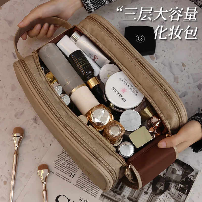 Bolsa de maquillaje multifuncional para mujer, bolsa de almacenamiento de artículos de tocador de cuero PU de gran capacidad, portátil, con doble cremallera, para viaje