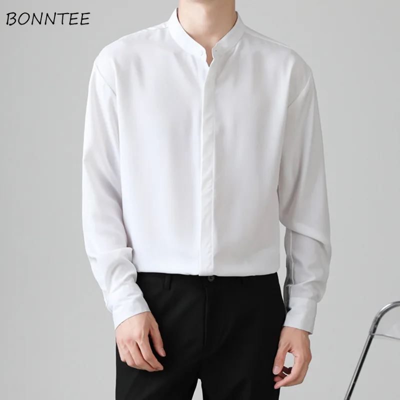 

Рубашки для мужчин, простые рубашки с воротником-стойкой, красивые, умные, повседневные, универсальные, в стиле Харадзюку, топы с длинными рукавами, корейская мода, на каждый день Рубашка