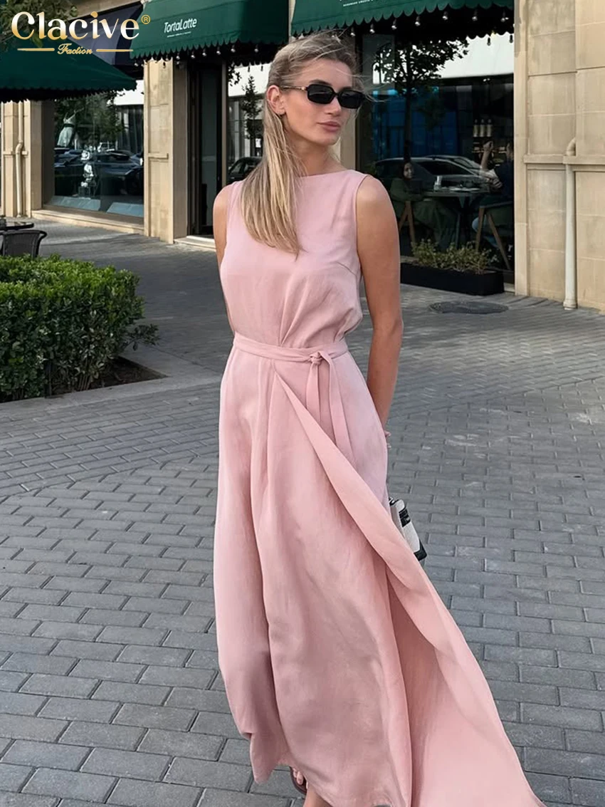 

Clacive Summer Loose Pink Cotton Women's Dress 2026 Fashion O-Neck Sleeveless Maxi Dresses Elegant Classic Lace-Up Female Dress