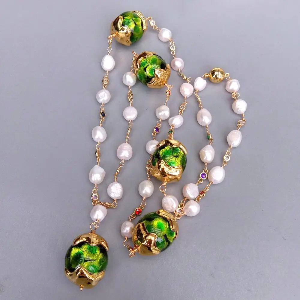 Y.YING Cultured White Baroque Pearl Cz Pave Rosary Chain Green Murano Glass Necklace