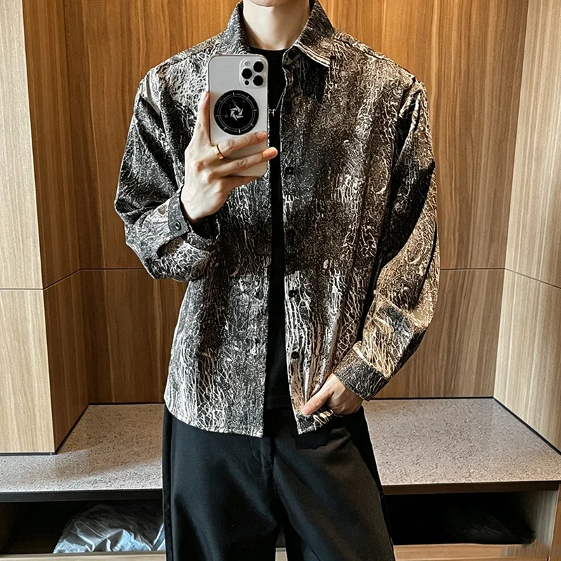 Mens Graffiti Art Pattern Long Sleeve Shirt Button Up Design Loose Cut Lapel Collar Casual Streetwear Overshirt