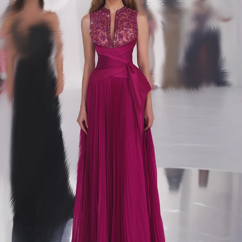 

Ccustomized A-line Evening Dresses Floor-length V-neck Sleeveless Prom Gown Fashion Sequined Beading Pleat Draped Party Gown