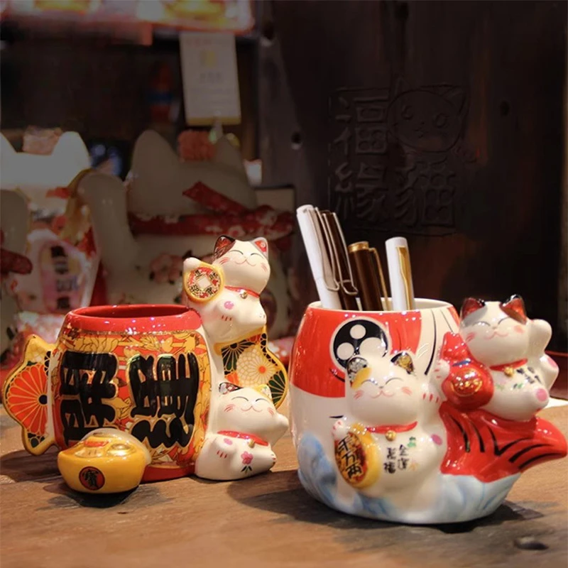 Zhaocai Kaiyun Pen Holder Zhaocai Cat Decoration Birthday Creative Gift Ceramic Pen Holder