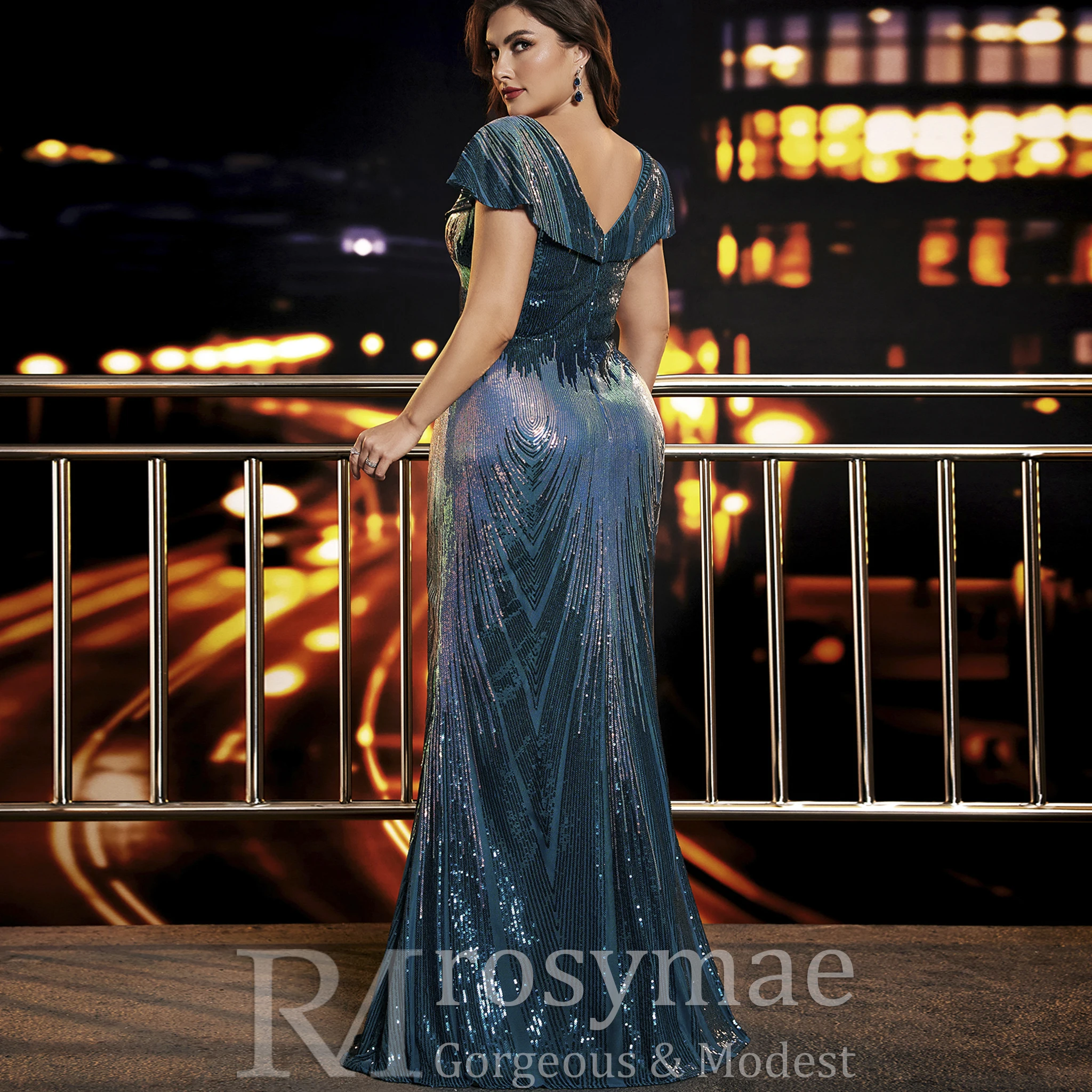 Rosymae Plus-Size Mermaid Formal Dress Elegant V-Neck Capped Sleeve Long Gown for Weddings And Formal Events