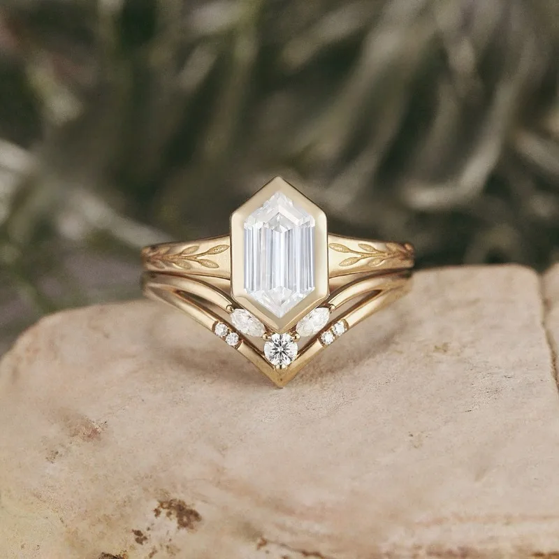 New European and American light luxury wheat ear shaped rectangular zircon inlaid women\'s two-piece ring set
