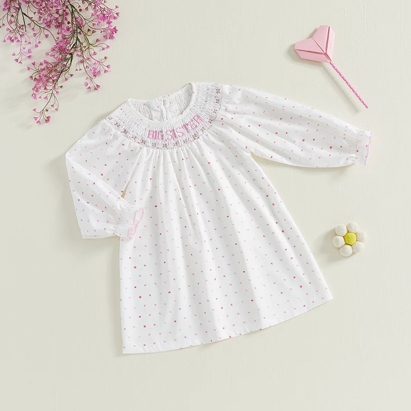 Little Girl Fall Dress Letter Bow Embroidery Shirred Round Neck Ruffle Sleeve A-Line Dress for Daily School Travel image 3