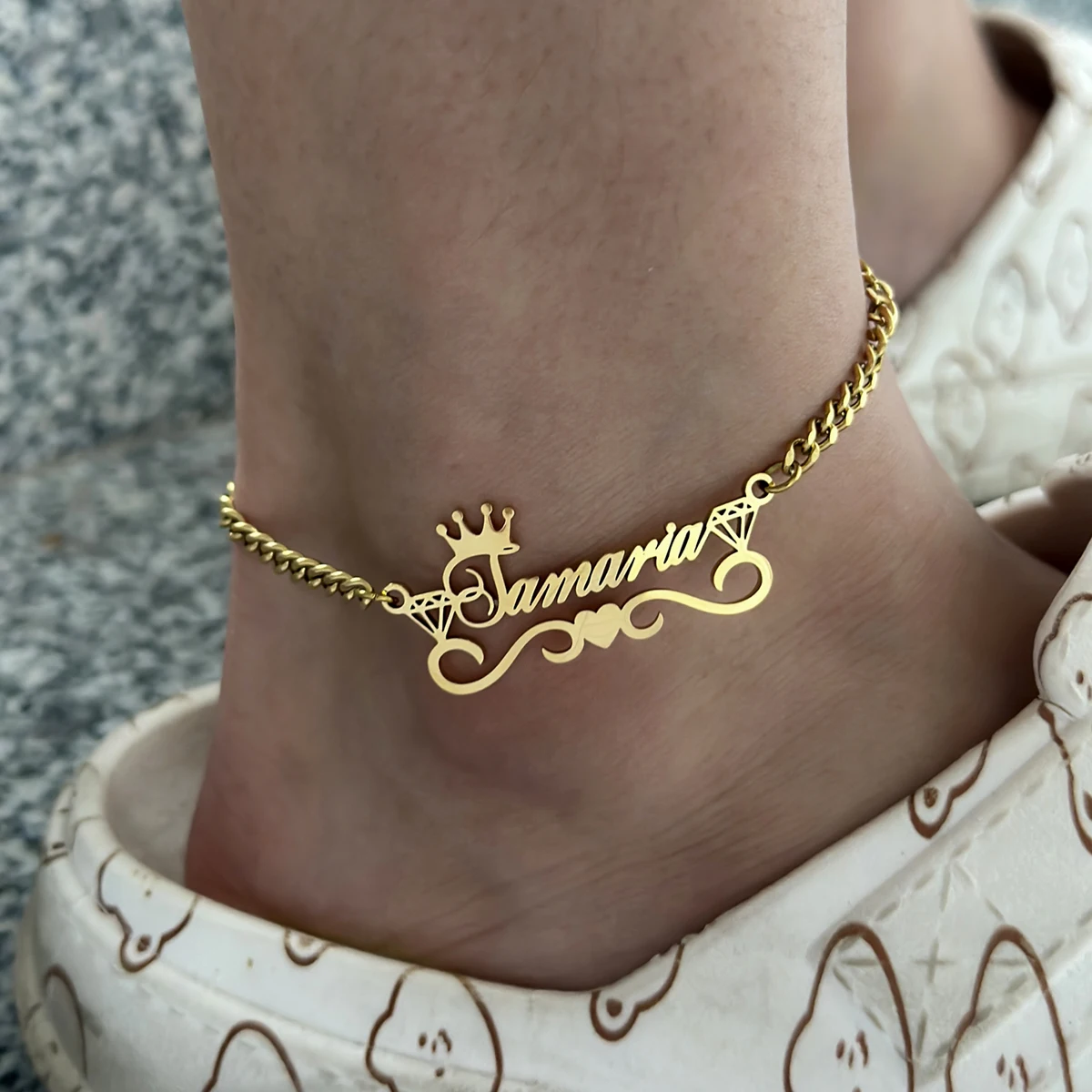 Custom Name Anklet with Crown Personalized Cuban Chain Anklet Stainless Steel Thick Cuban Nameplate Anklet for Women Gift