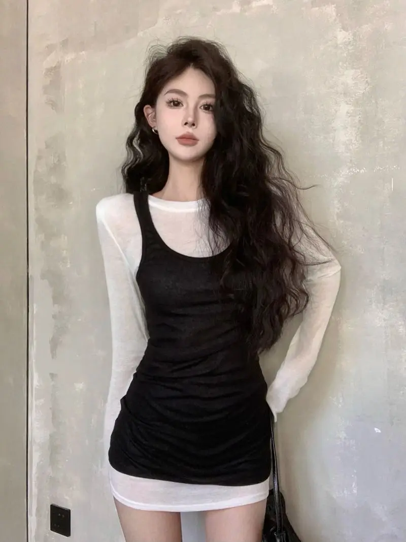 Spring Summer Women's Long Sleeve T-Shirt Casual Mid-Length Breathable Pure Color Sexy Shoulder Pad Top Fashion Set