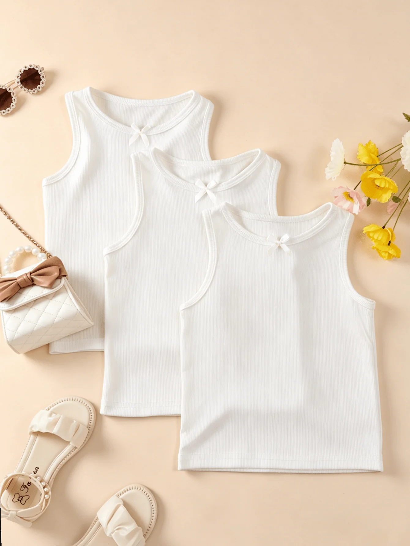 3 Pcs Baby Girls White Striped Tank Top Bow Decoration Soft Stretch Summer Basic Tee Kids Toddler Breathable Vest Aged 1-9Y Wear