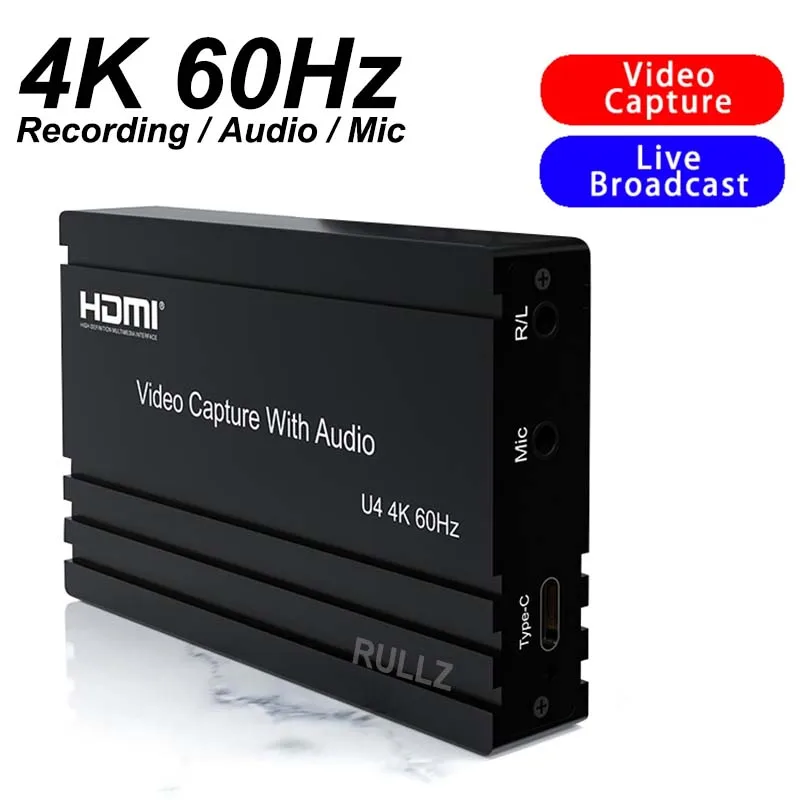 4K 60hz Video Capture Card HDMI To USB 3.2 1080p Live Streaming Plate for PS4 Camera PC Game Recording with Audio Mic HDMI Loop
