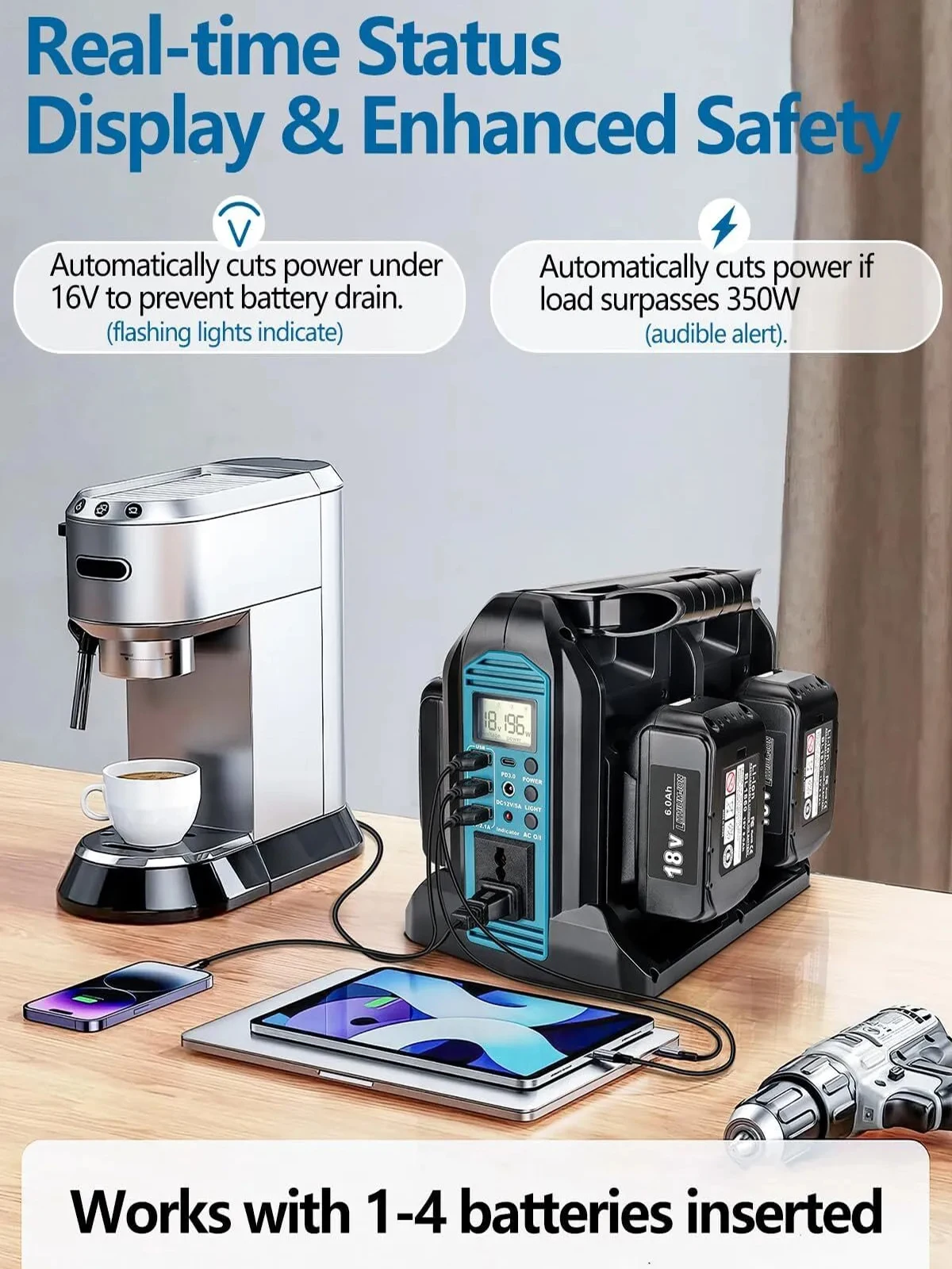 350W stroomomvormer voor Makita 18V batterij 4-poorten DC 18V naar AC 110-120V / 220-230V Zuivere sinusgolf batterij-omvormer met 3 USB-A-poorten 1 USB-C-poort 300lm LED-licht voor kamperen, reizen, noodgevallen, draag