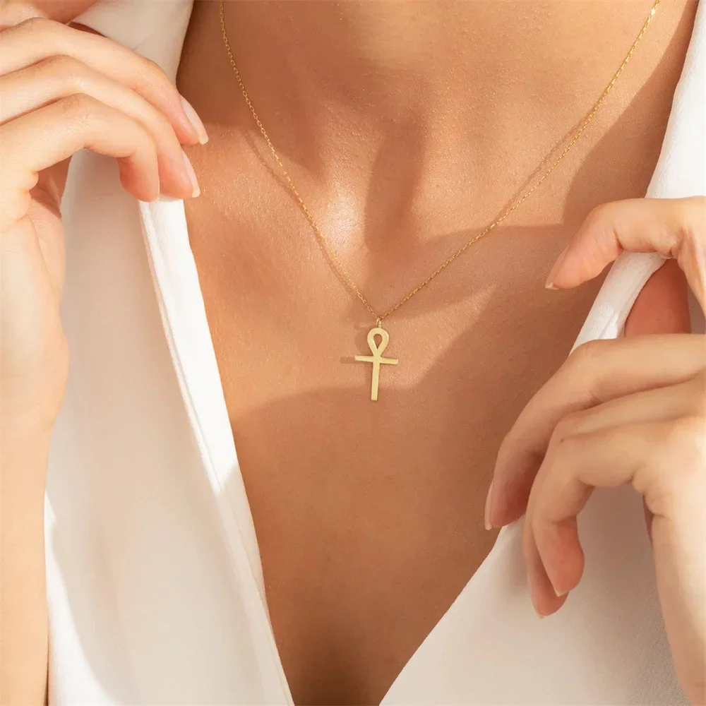 Tangula Stainless Steel Egyptian Ankh Amulet Necklace Cross Pendant Female Religious Collar Chain Fashion Jewelry for Women