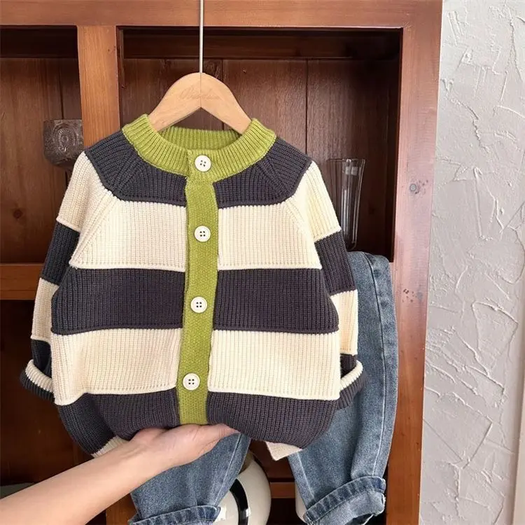 2024 Autumn Girls Boys 1-10 Years Long Sleeve Thick Warm Stripe Knitting Cardigan