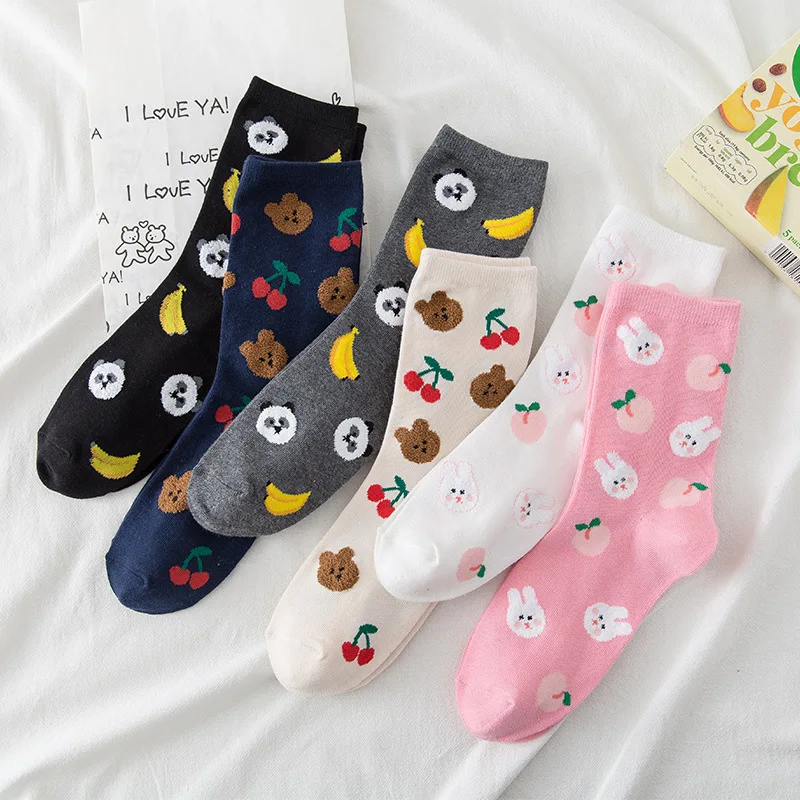 Socks Women Panda Painting Bear Rabbit Banana Peach Cherry Prints  Cotton Happy Tide Socks Short hip hop Streetwear Kawaii Sox