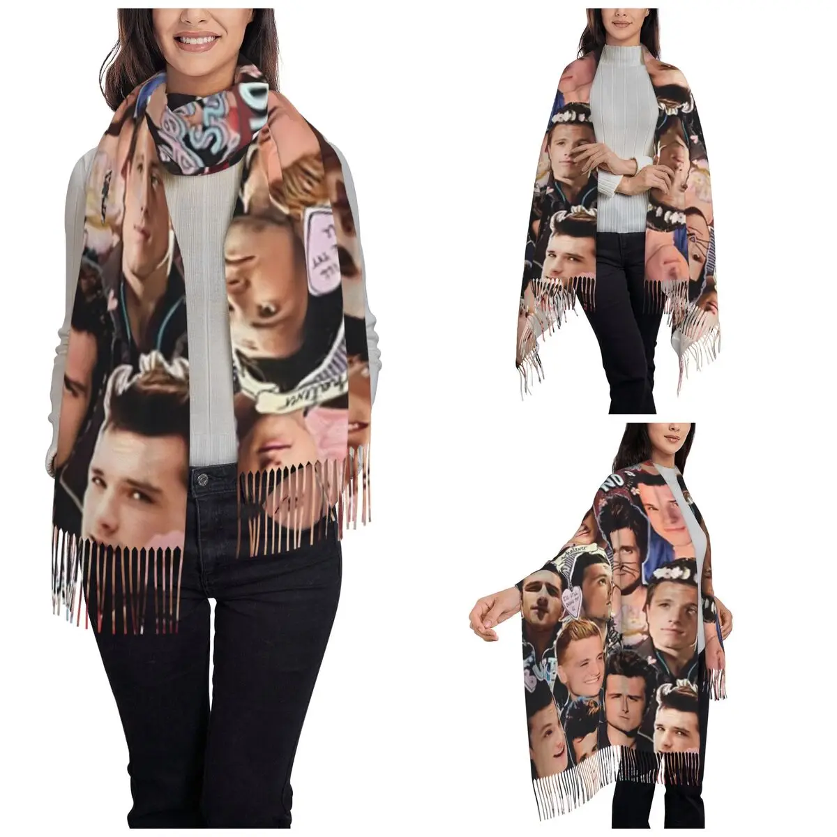 Retro Josh Hutcherson Collage Shawls Wraps for Womens Winter Large Soft Scarf Pashmina Tassel Scarves