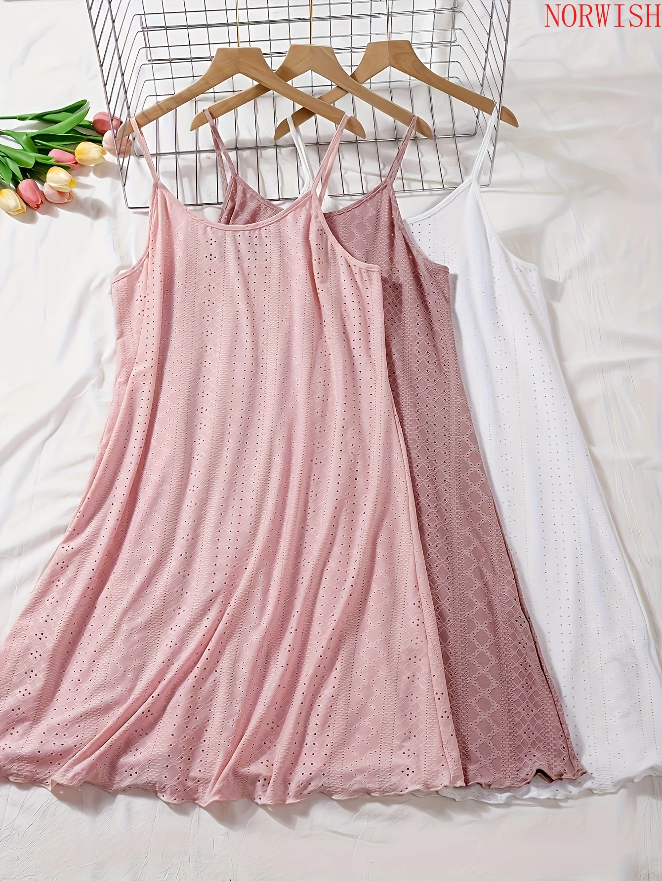 Women Plus Size 3Pcs Jacquard Cami Dress Set Sleeveless Solid Jacquard Nightgown Soft Comfort Casual Home Wear Ladies Plus Size Pajamas Loungewear