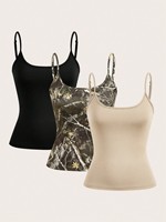 3 pieces summer Women's Spaghetti Strap Tank vest Tops Black Camo & Beige Adjustable shoulder Strap Sleeveless Camisoles
