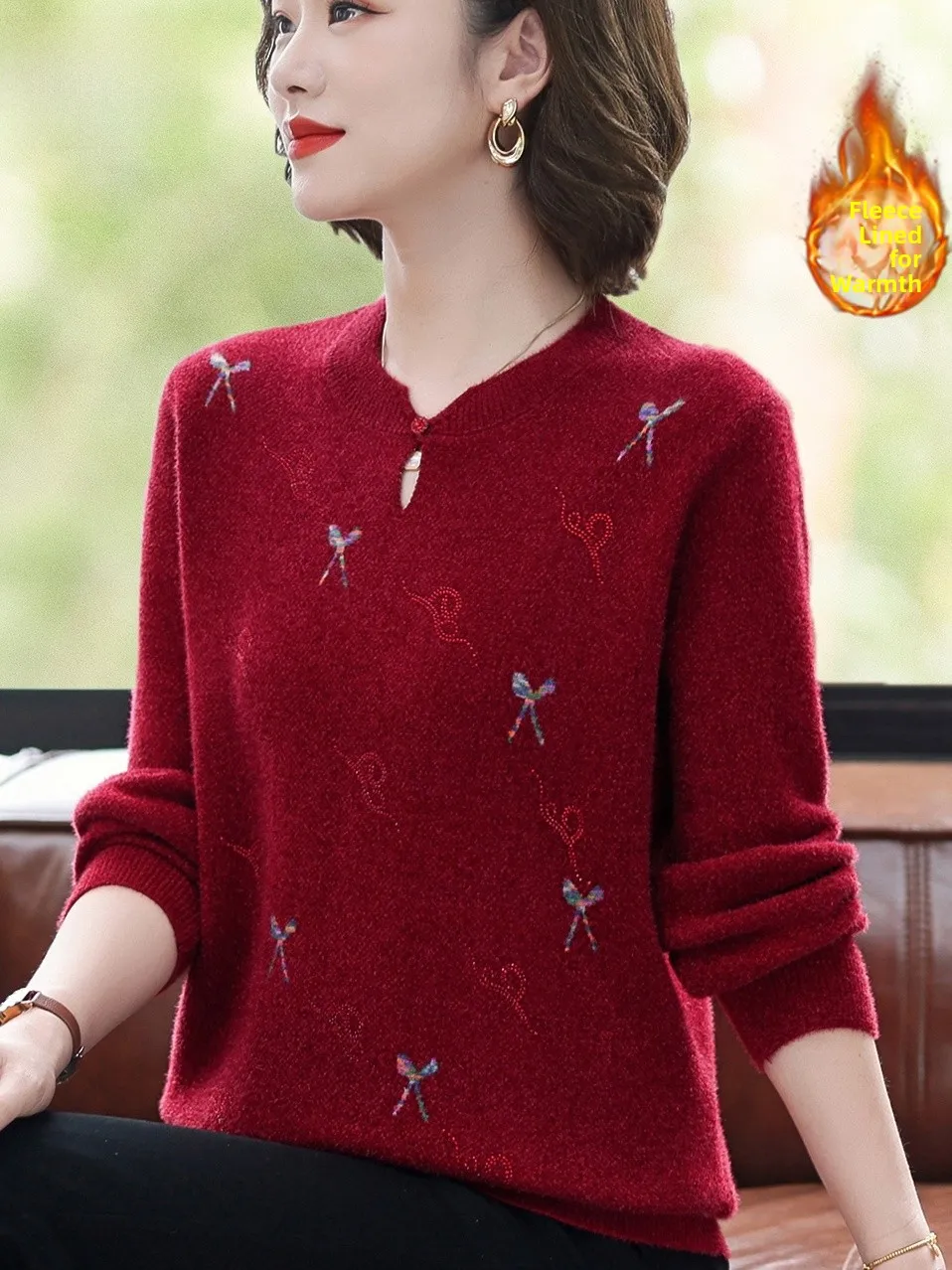 

Вышитый свободный крой на подкладке, круглый свитер Ne для женщин, осень-зима, модная теплая одежда для мам, аноладная...