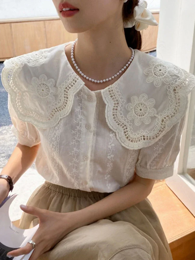 Gaganight Women Korean Chic Doll Collar Embroidered Hook Flower Blouse French Single breasted Puff Sleeve Shirt Female Top