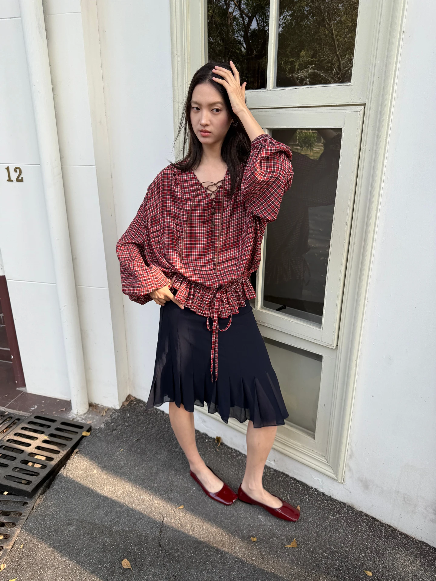

V-Neck Drawstring Waist Loose Fit Chiffon Shirt Casual Style Breathable Plaid Loose Feeling Women's Top Summer Spring Fashion