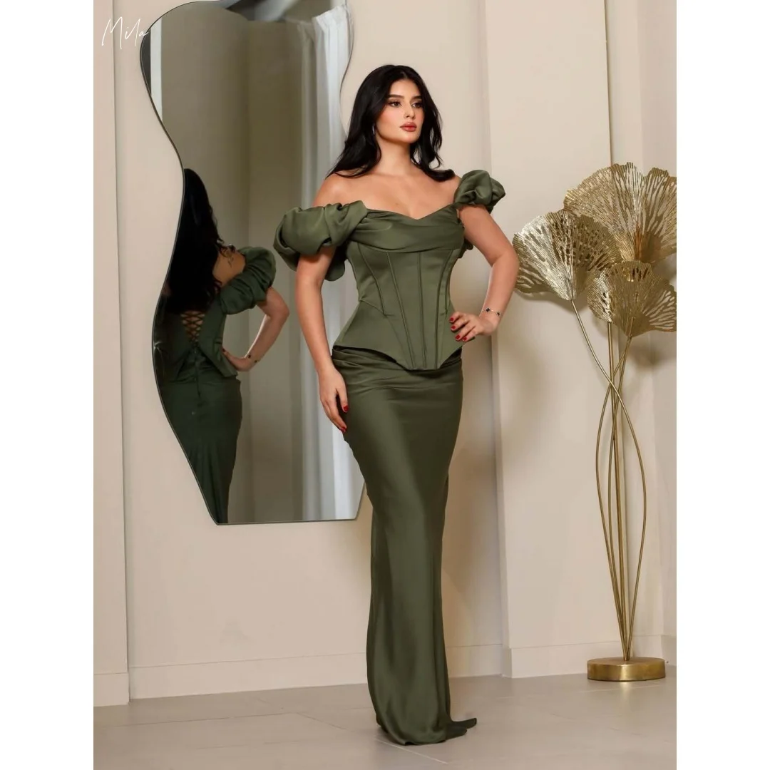 

Mila Olive Green Off-Shoulder Puff Sleeve Prom Dresses Corset Heart Neck Customized Formal Evening Satin Mermaid Floor-Length
