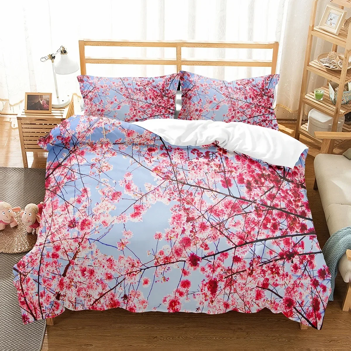 

Plum Flower Duvet Cover Set Red Flower Pattern Bedding Set for Girls Women Polyester Comforter Cover Quilt Cover King Full Size