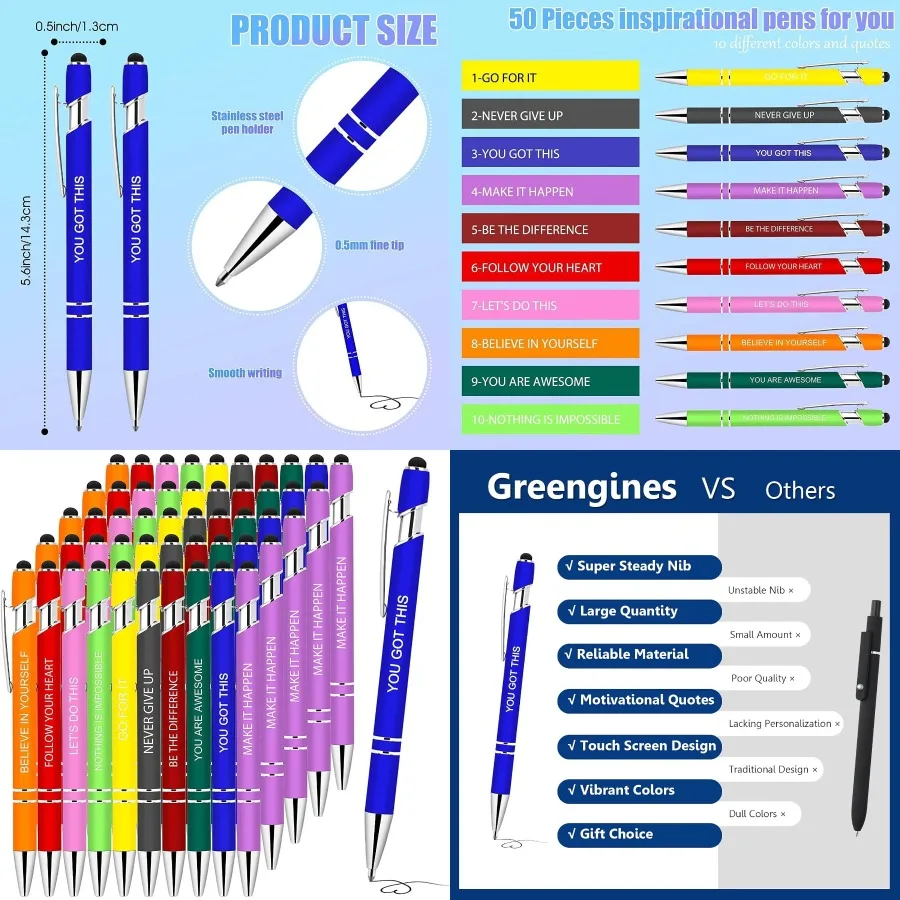 

50 Pieces Inspirational Pens with Motivational Messages and Stylus Tip for Daily Use Fun and Functional Ballpoint Pens Ideal fo