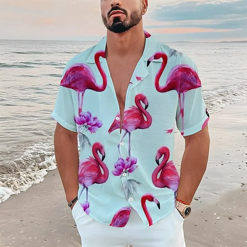 Men\'s Shirts Hawaiian Shirt Floral Flamingo Pattern Print Casual Short Sleeve Button Print Clothing Tropical Fashion Street