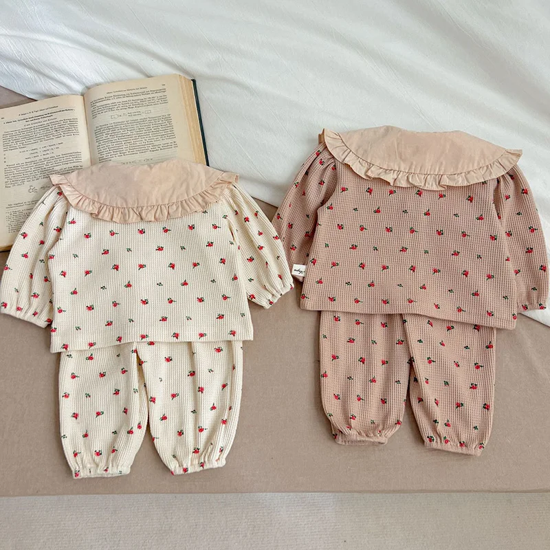 2024 New Spring Newborn Baby Girls Clothing Set Long Sleeved Waffle Cotton Printed Cardigan+Pants Toddler Baby Girl Clothes Suit