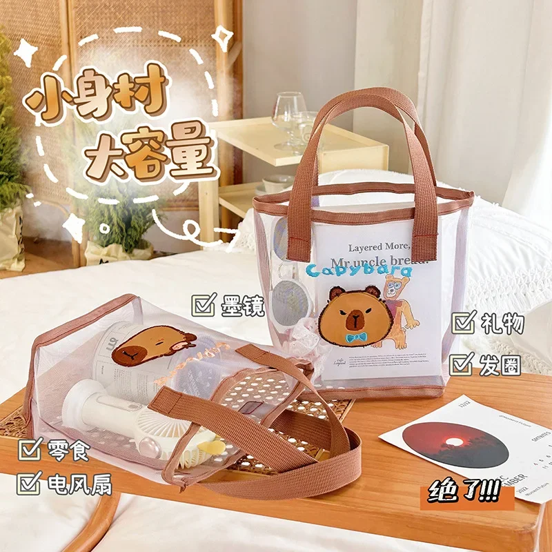 

Cartoon Capybara Mesh Handbag Totes Hollow Out Shoulder Bag For Student file collection bag Casual Large Capacity Pack