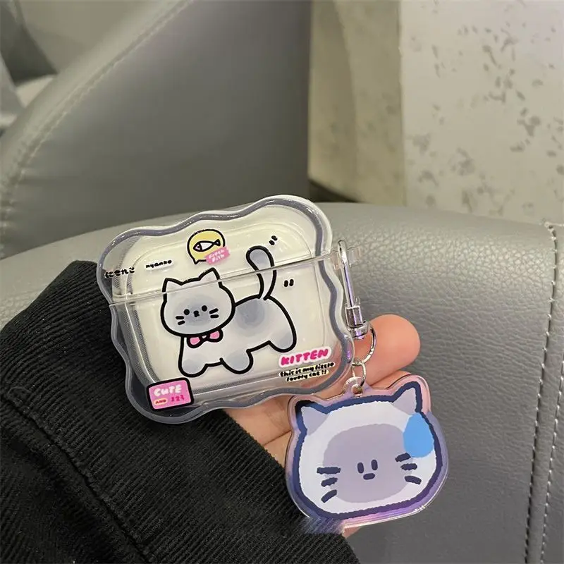 Cute Funny Cat Headphone Case For Apple AirPods 1 2 3 Cartoon Clear Cover with Keyring Soft Silicone Cases for AirPods Pro 2nd