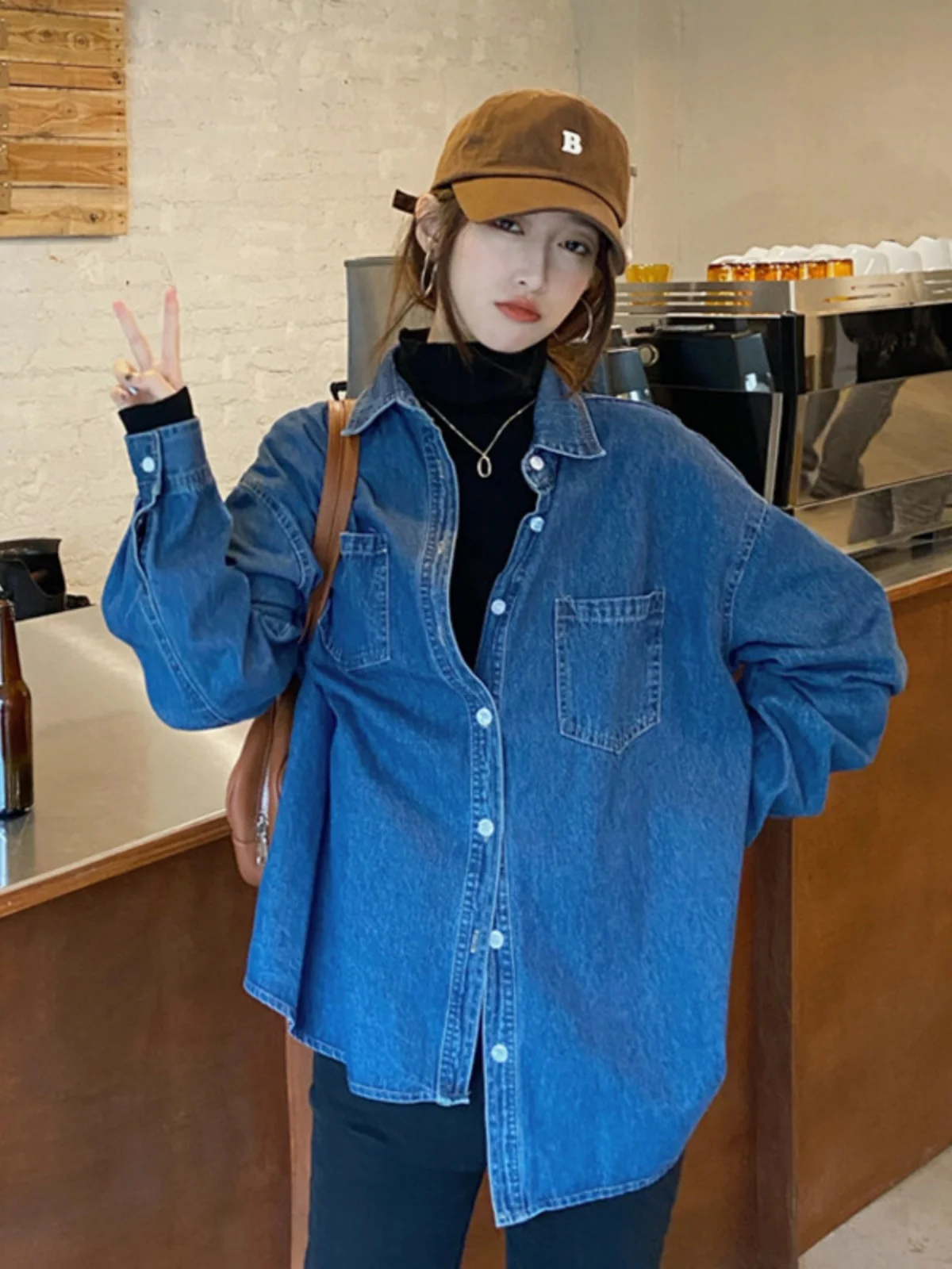 

Loose Women's Denim Shirt Spring Autumn New Style Korean Version plus Size Long Sleeve Mid-Length Coat Trendy Collar