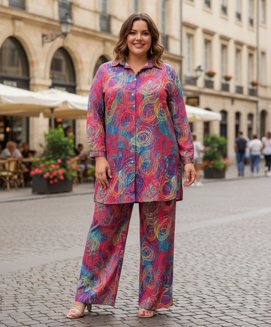 طقم نسائي كبير الحجم مطبوع عليه ألوان واسعة الساق #3