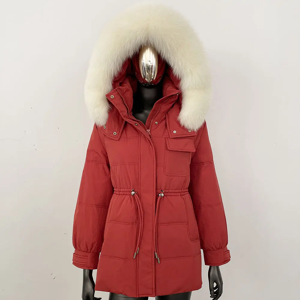 厚手の暖かいショート丈90%ホワイトダックダウンジャケットパーカーリアルファーコート女性用冬用天然ラクーンファーコートフード付きリアルファーコート