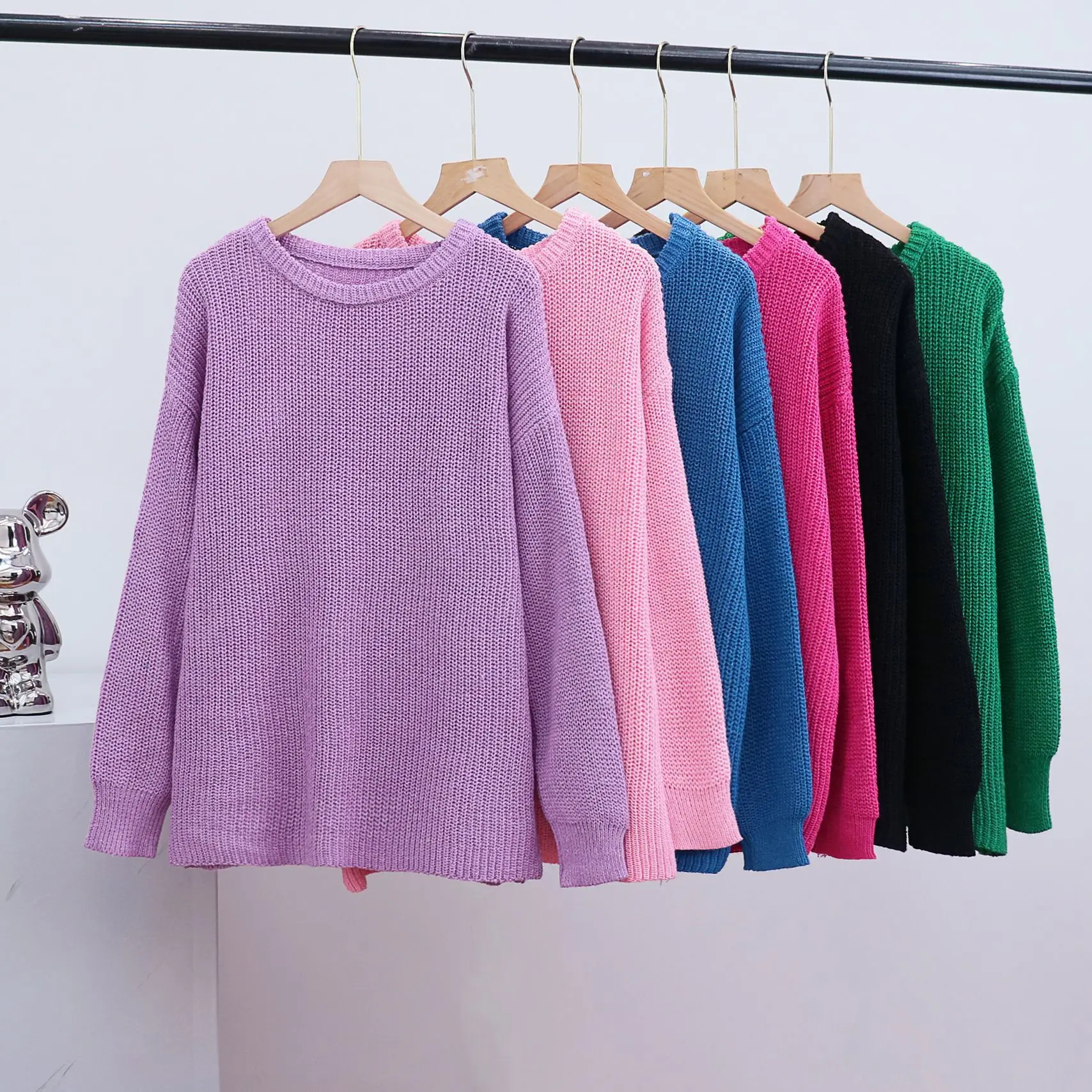 Women Knit Sweaters Full Sleeve Round Neck Loose Pullover Jumpers Loose Casual Solid Sweater Splice Lady Vintage Winter 2024