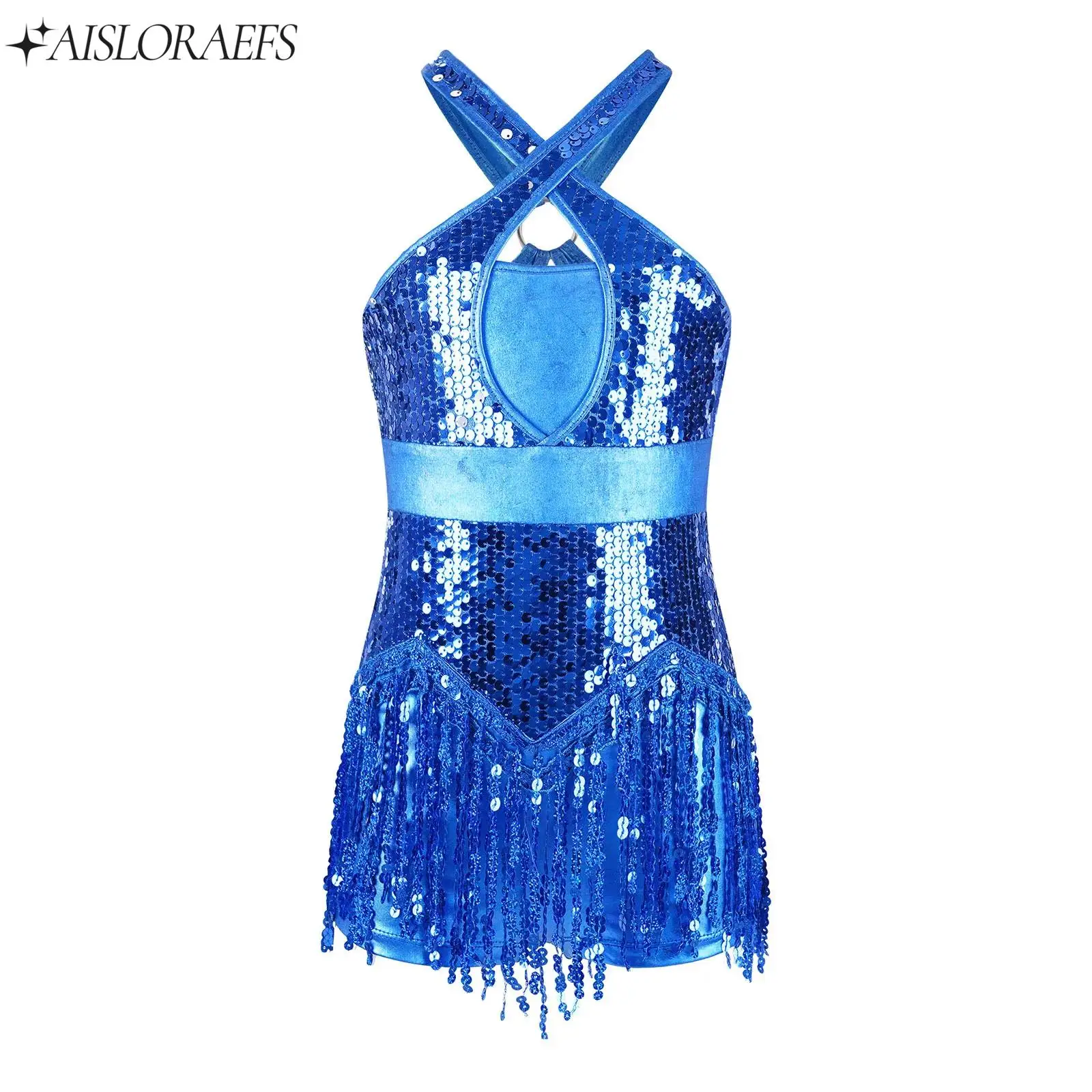 Sparkly Sequins Latin Tango Cha-Cha Dance Dresses for Kid Girls Tassel Leotard Cross Cutout Bodysuit Performance Dress Dancewear